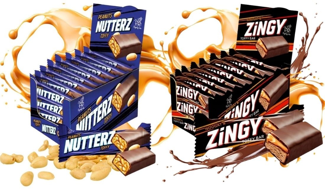 Zestaw batoników nugatowych:  Nutterz  i  Zingy  48szt*40g Flying Cow