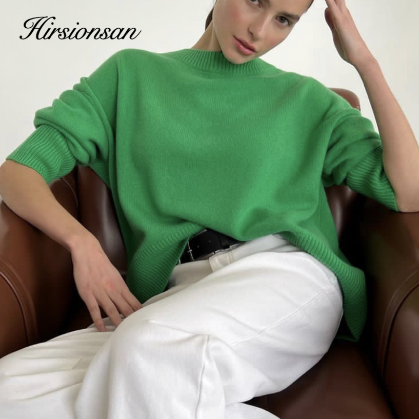 Hirsionsan большой кашемировый осенне-зимний свитер, женский модный базовый вязаный пуловер, шикарный мягкий свободный повседневный женский джемпер