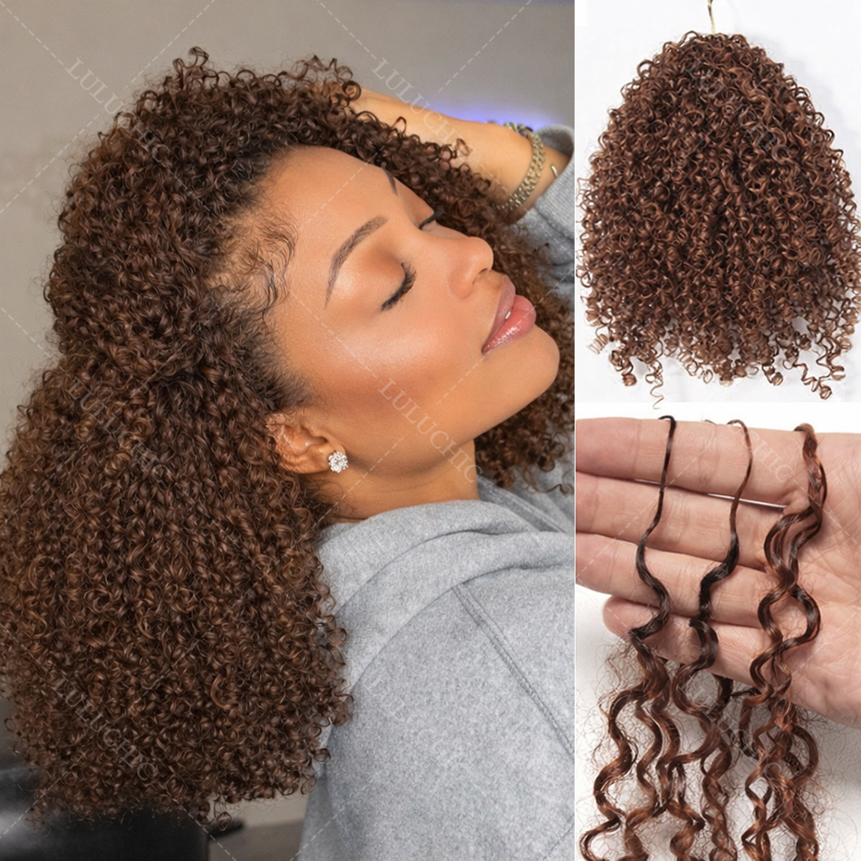 Extensión de cabello humano de ganchillo con plumas de color marrón oscuro 12A para trenza, rizado, preparado, sin nudos, pequeñas espirales, pelo rizado de ganchillo