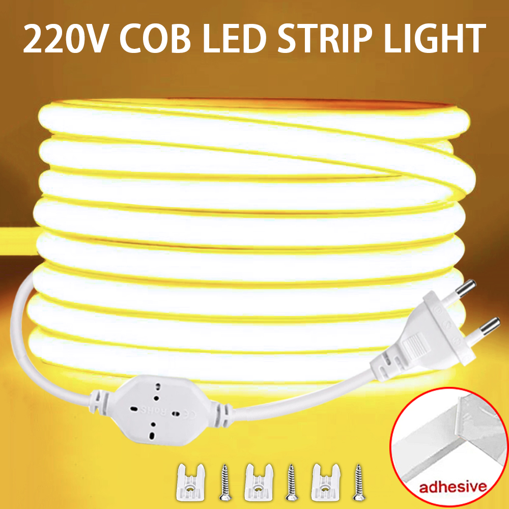 Tira de LED COB de 220V con enchufe de alimentación de la UE, luz Led para habitación, dormitorio, cocina, cinta LED Flexible impermeable para exteriores