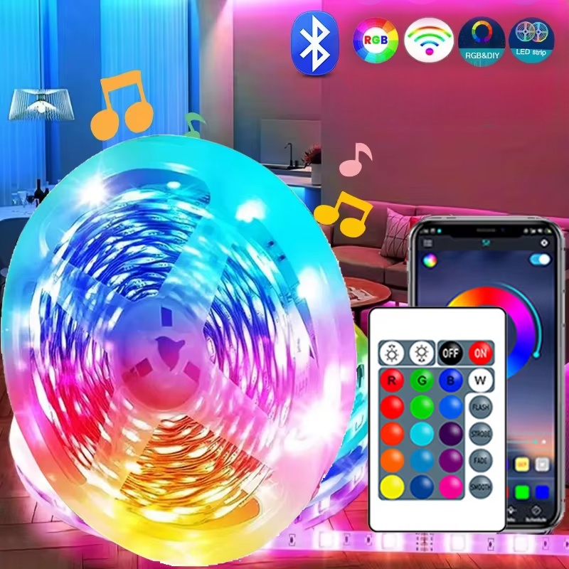 Bande lumineuse LED USB multicolore, 1M-30M, contrôle Bluetooth, avec télécommande à 24 touches, synchronisation de la musique, lampe Flexible pour la décoration de fête à domicile
