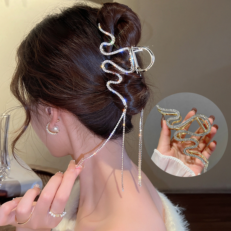 Grampo longo vintage do aperto do borla para mulheres, garra cheia do cabelo dos strass, presilhas coreanas, grampo do cabelo do metal, acessórios do cabelo