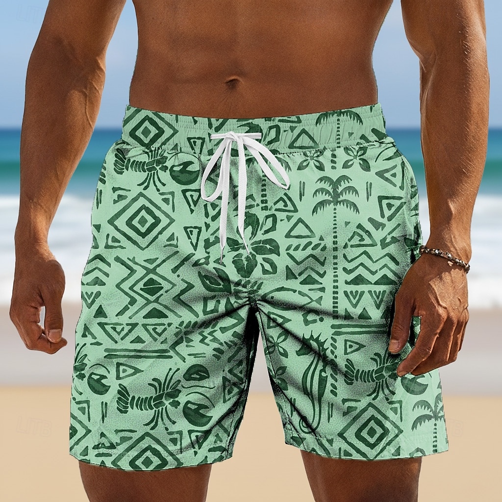 Grüne Herren-Shorts mit Tribal-Ocean-Print und Kordelzug, lässige, lockere Passform für den Frühling, den Sommer, den Alltag und Strandurlaub