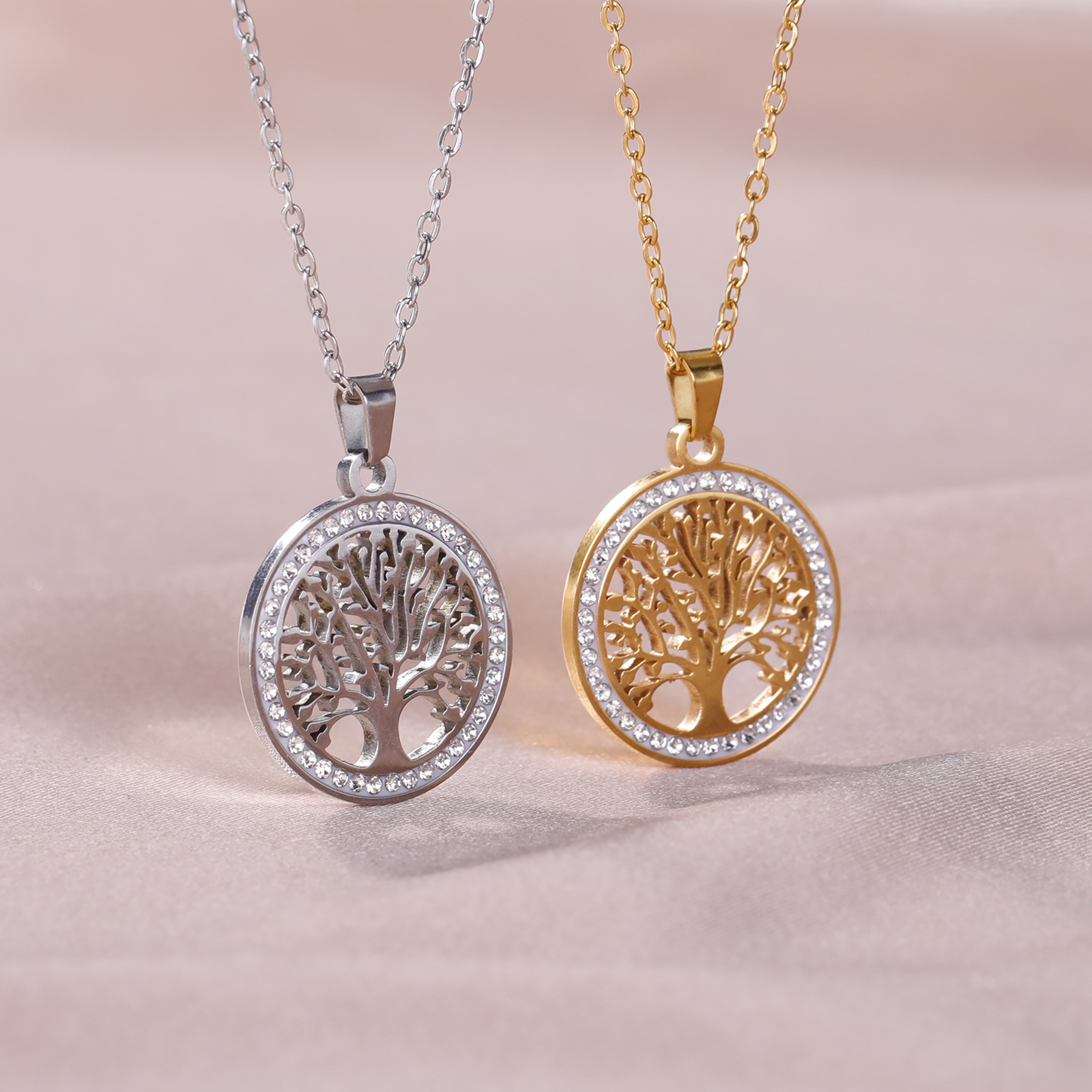 Skyrim-collar de árbol de la vida para mujer, de acero inoxidable, Color dorado, circonita transparente, colgante redondo, cadenas para el cuello, regalo de boda de lujo