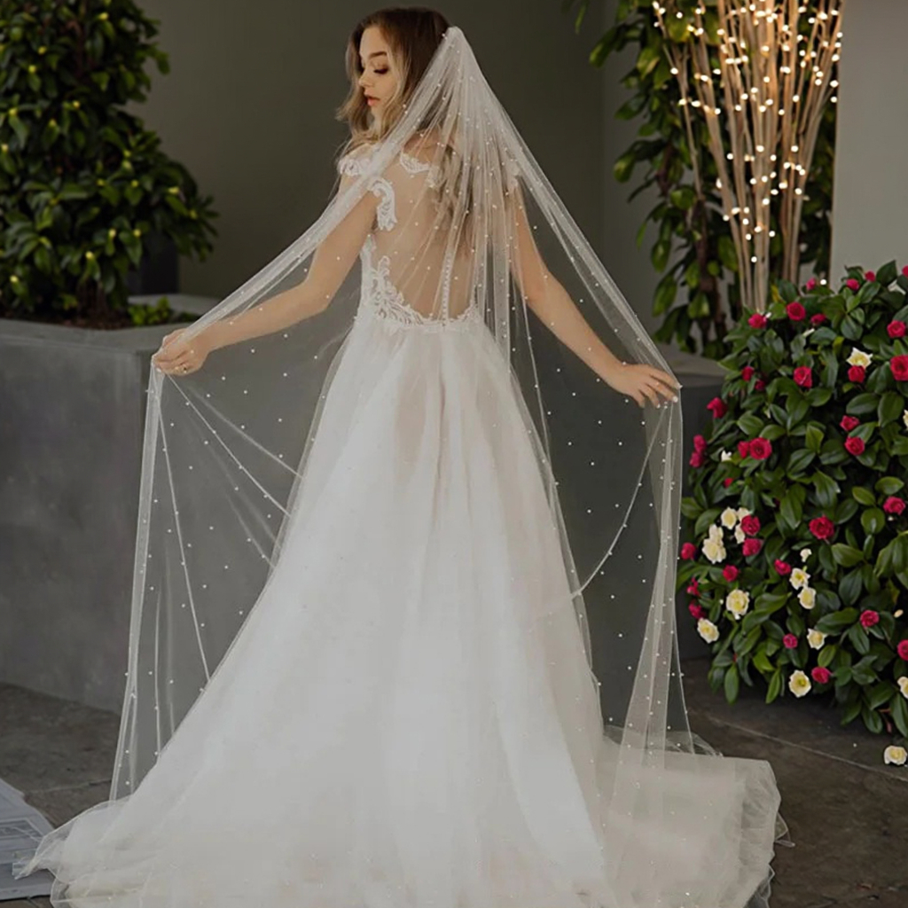 エレガントなパールビーズのブライダルベール コーム付き 結婚式アクセサリー 長さ75cm/90cm/120cm/230cm/300cm
