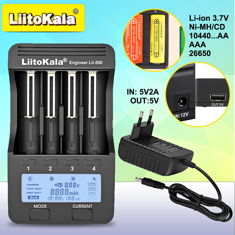 Умное зарядное устройство LiitoKala Lii-500 для 18650/26650/AA/AAA/Ni-MH/Li-ion, ЖК-дисплей, тестер емкости, независимых слотов, защита