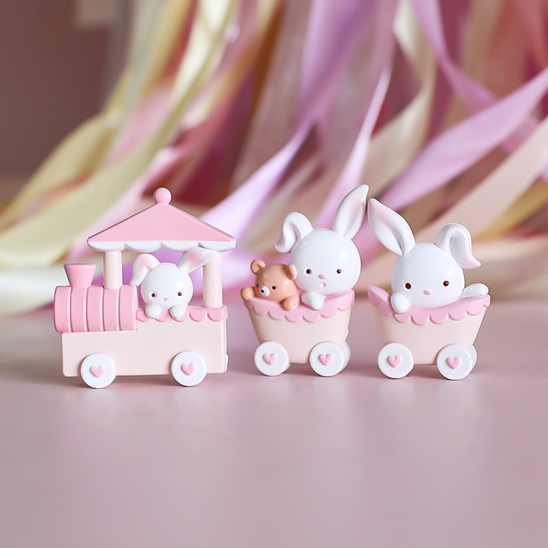 1set boneka beruang kelinci, hiasan atas kue kereta api kartun kelinci untuk dekorasi pesta ulang tahun anak perempuan