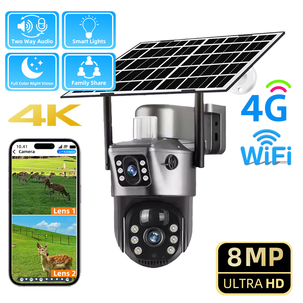 屋外ソーラー4Gカメラ 8MP 4K 低電力バッテリー デュアルレンズ 三画面 PIR人感センサー搭載 IPカメラ セキュリティ保護