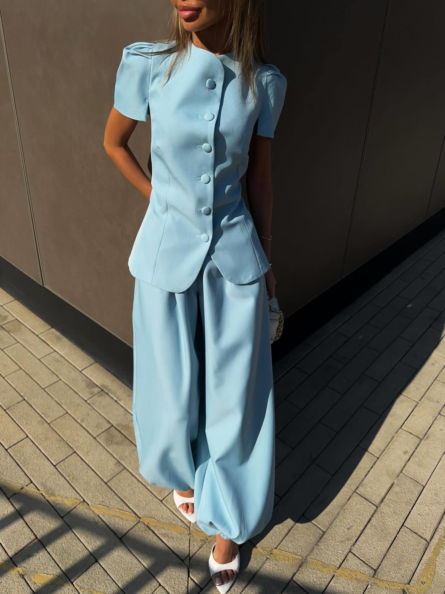Laru Casual Solid Women's Shirt Trouser Suits Holidays O-Neck Short Balloon Sleeve Leg-Binding Pants 2026 Summer Lady 2 Pieces