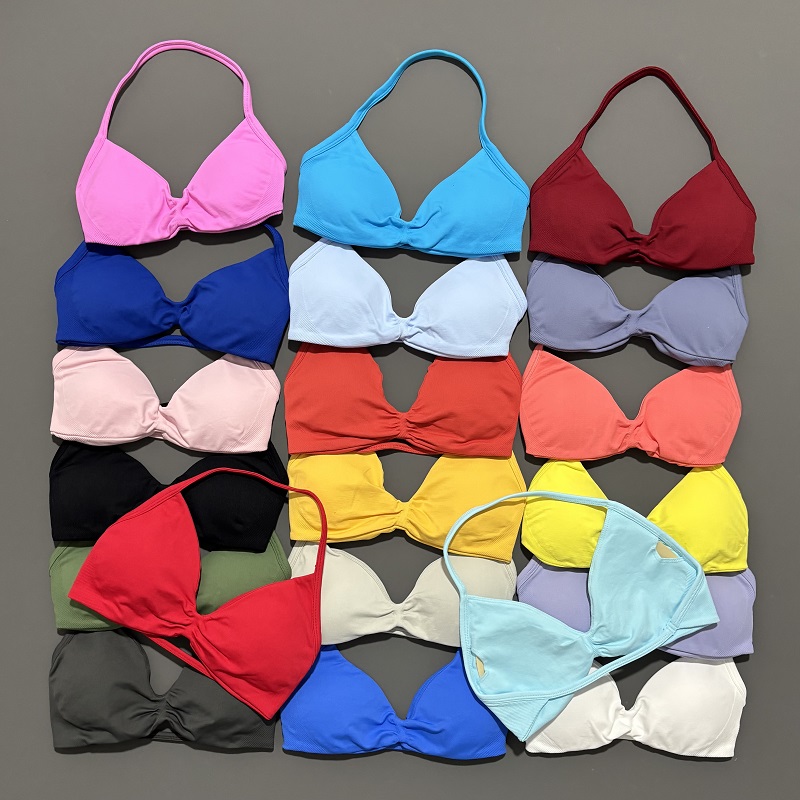 Sujetador deportivo con tiras para mujer, ropa interior de Yoga, Top de gimnasio, ejercicio para correr, sujetador sin espalda, ropa activa de alto soporte, cuello Halter para entrenamiento físico