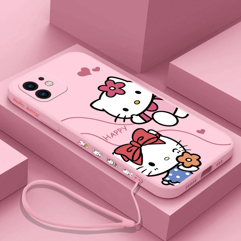 Custodia per telefono Hello Kitty rosa cartone animato per iPhone 16 15 14 13 12 11 Pro Max Mini X XR XSMAX 8 7 6S Plus Cover morbida con cinturino da polso