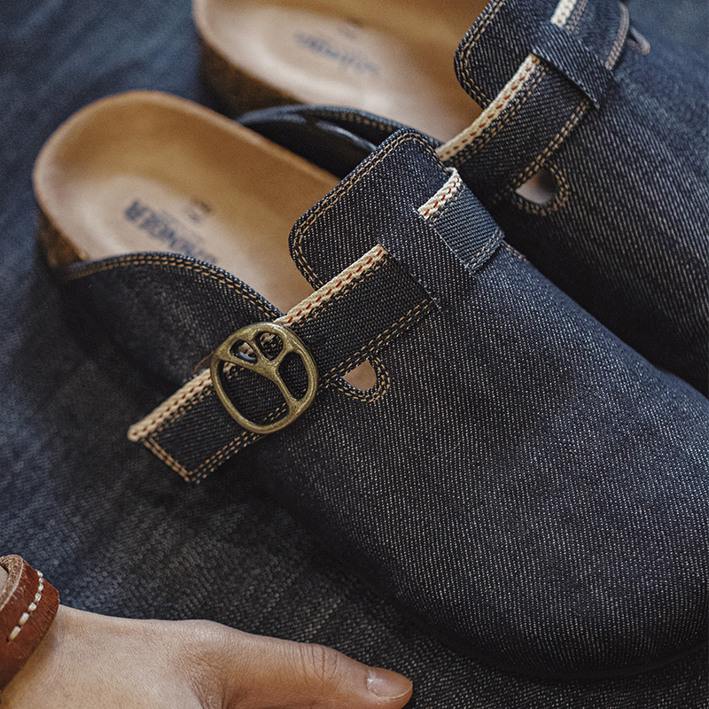 Maden vintage masculino verão respirável denim mules cortiça deslizamento em sapatos casuais sandálias ajustáveis para ao ar livre e casa sapatos azuis