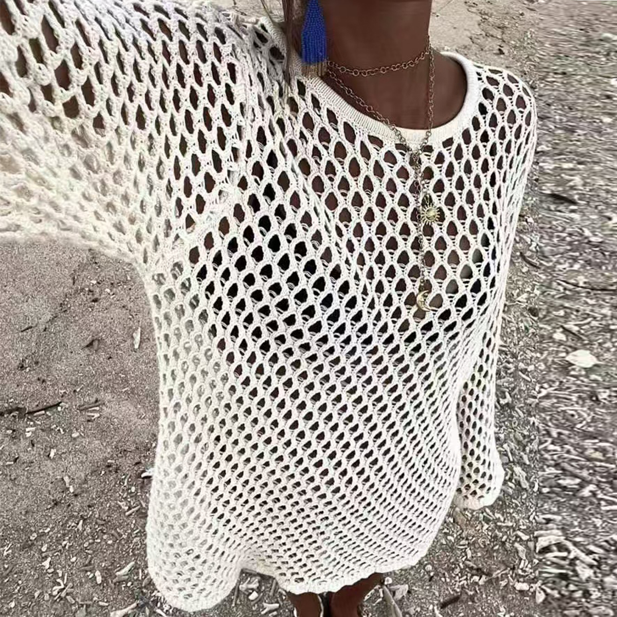 Abito Estivo Casual a Maniche Lunghe con Collo Tondo, Stile Spiaggia, Copricostume Traforato con Design Semplice e Aderente