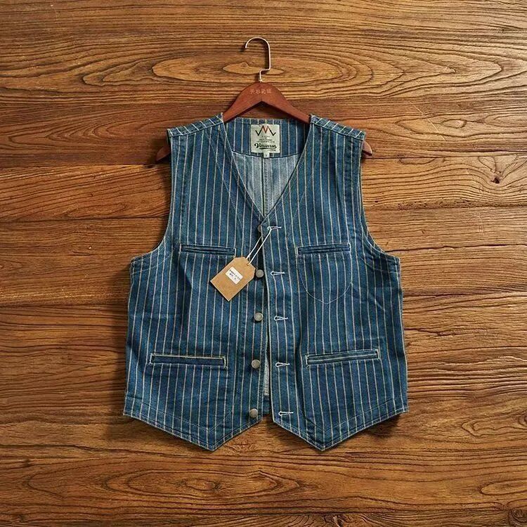 Japanischer Retro-Khaki-Trend Amerikanische Gestreifte Arbeitsweste Gewaschenes Tanktop Denim Ärmellose Weste Blazer