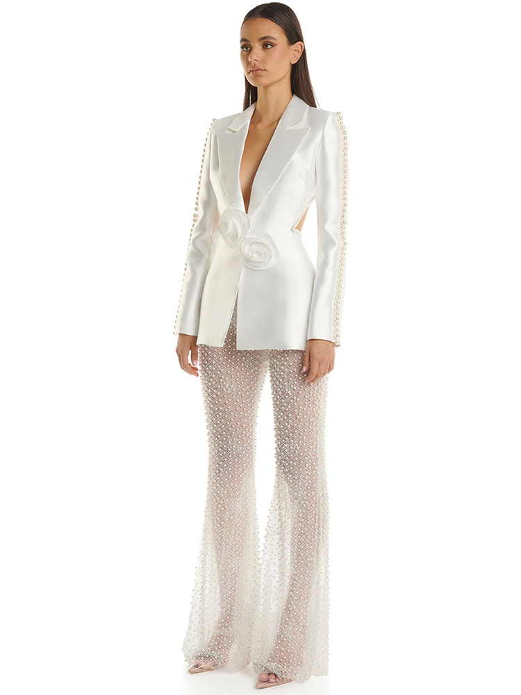 High street mais novo 2024 designer pista moda feminina oco para fora flores apliques pérolas frisado blazer calças de gaze