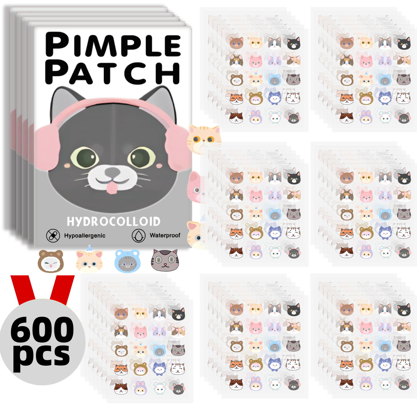 600 piezas de parches para el acné del gato de dibujos animados, parches para el acné facial, parches corrector para el acné y parches para espinillas. Ultrafino y transpirable