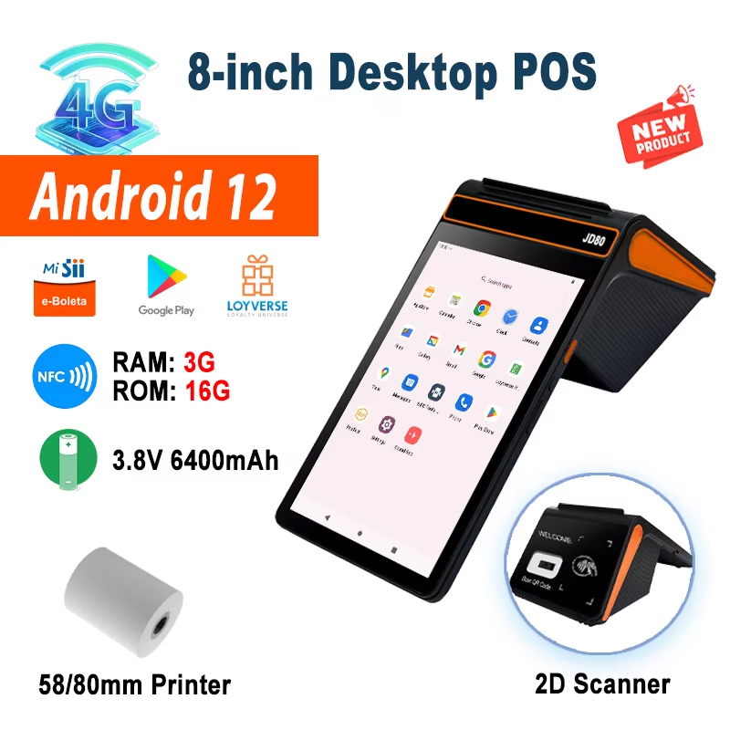 Мобильный 8-дюймовый POS-терминал Android 12 с принтером 58/80 мм Loyverse Настольный POS-поддержка 4G WIFI Bluetooth-соединение 2D-сканер