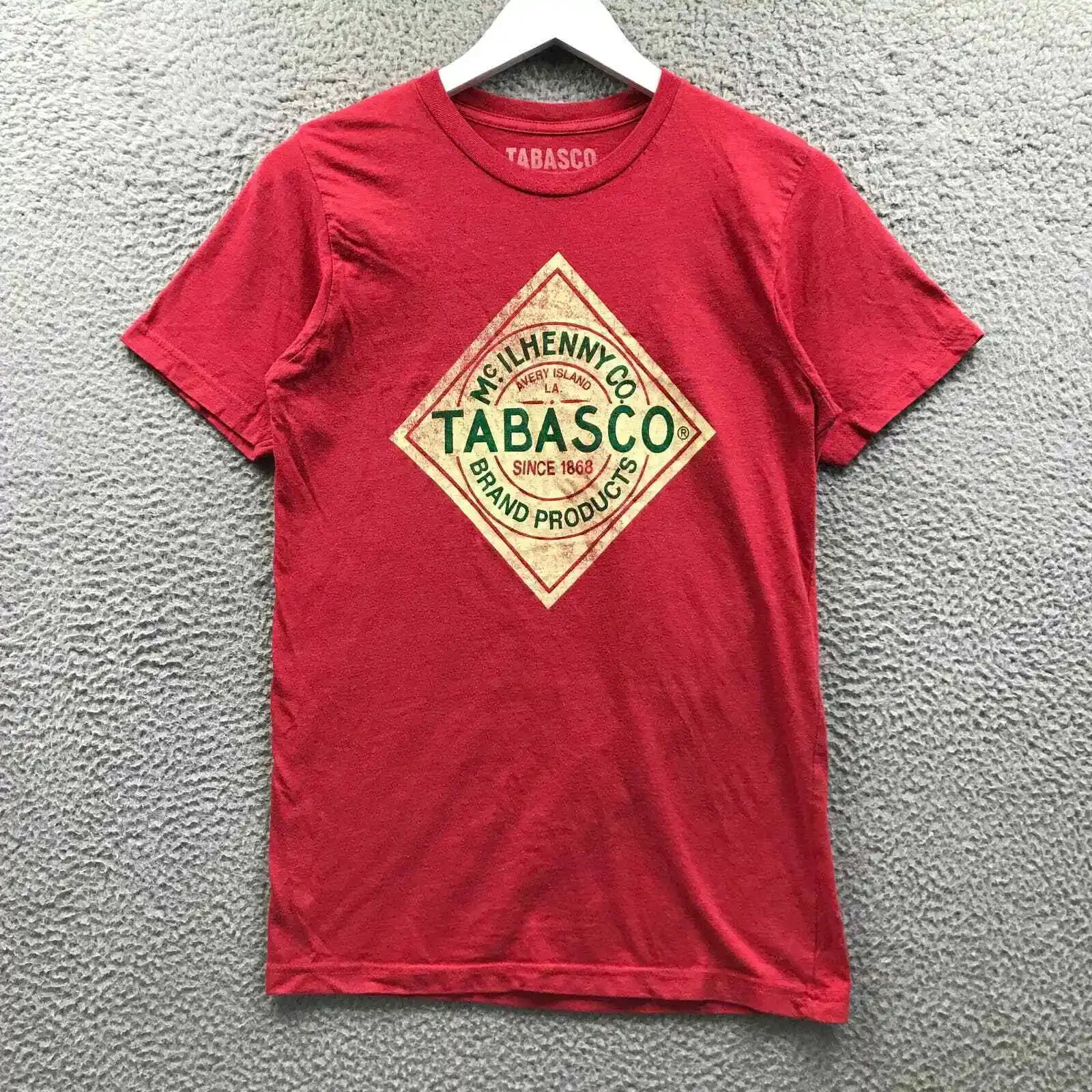 T-shirt Tabasco da uomo piccola S manica corta girocollo grafica rossa