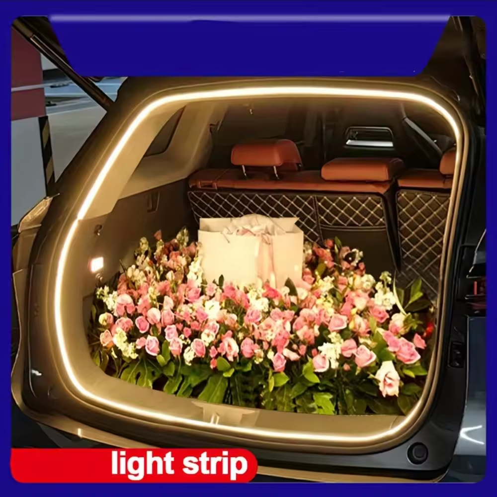 Iluminación de maletero de alta luminosidad para coche, luz ambiental, decoración interior, tira de luz LED para portón trasero con sensor automático sin cableado.