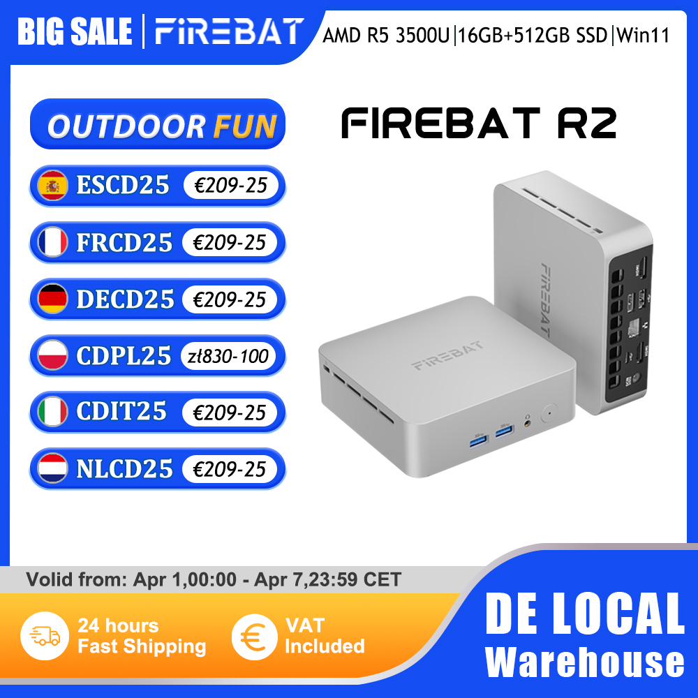 FIREBAT 2026 Nowy Mini PC R2 AMD Ryzen 5 3500U 16GB RAM 512GB SSD Windows 11 PC Podwójne Wyświetlanie 4K WIFI5 Komputery Mini Desktop