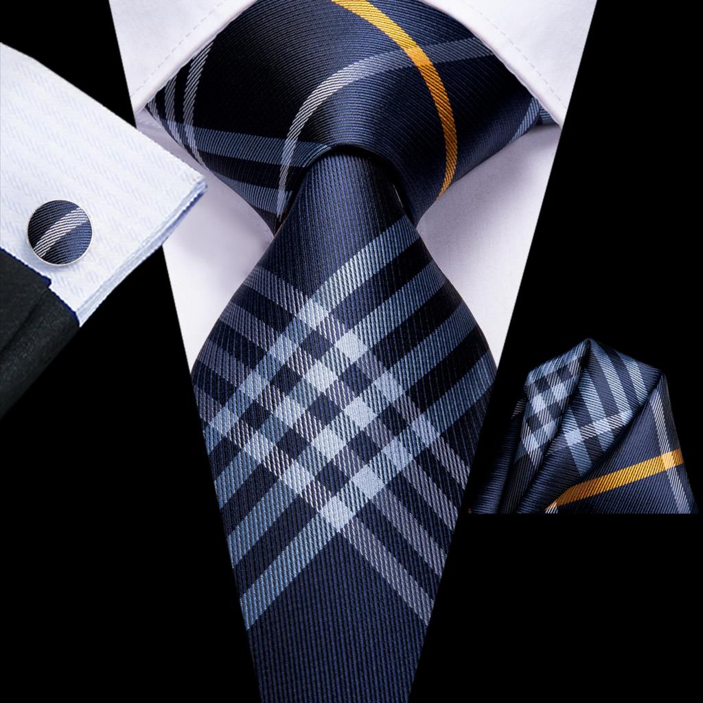 Dasi Pernikahan Sutra Hi-Tie untuk Pria Biru Putih Set Kancing Manset PlaidHandky Dasi Perancang Busana untuk Pria Bisnis Pesta Dropship