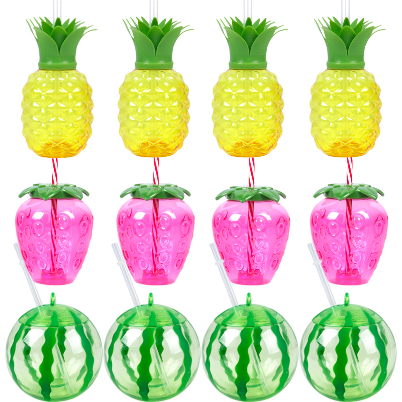 6/8 buah plastik nanas/stroberi/semangka berbentuk cangkir minum dengan jerami Hawaii dekorasi musim panas pantai kolam perlengkapan pesta