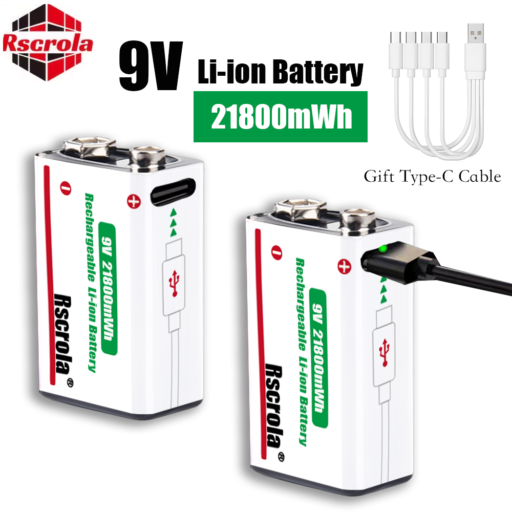 장시간 지속되는 9V 리튬 이온 충전식 배터리 21800mWh 고용량 기타 마이크 연기 감지기 페달용 케이블 포함