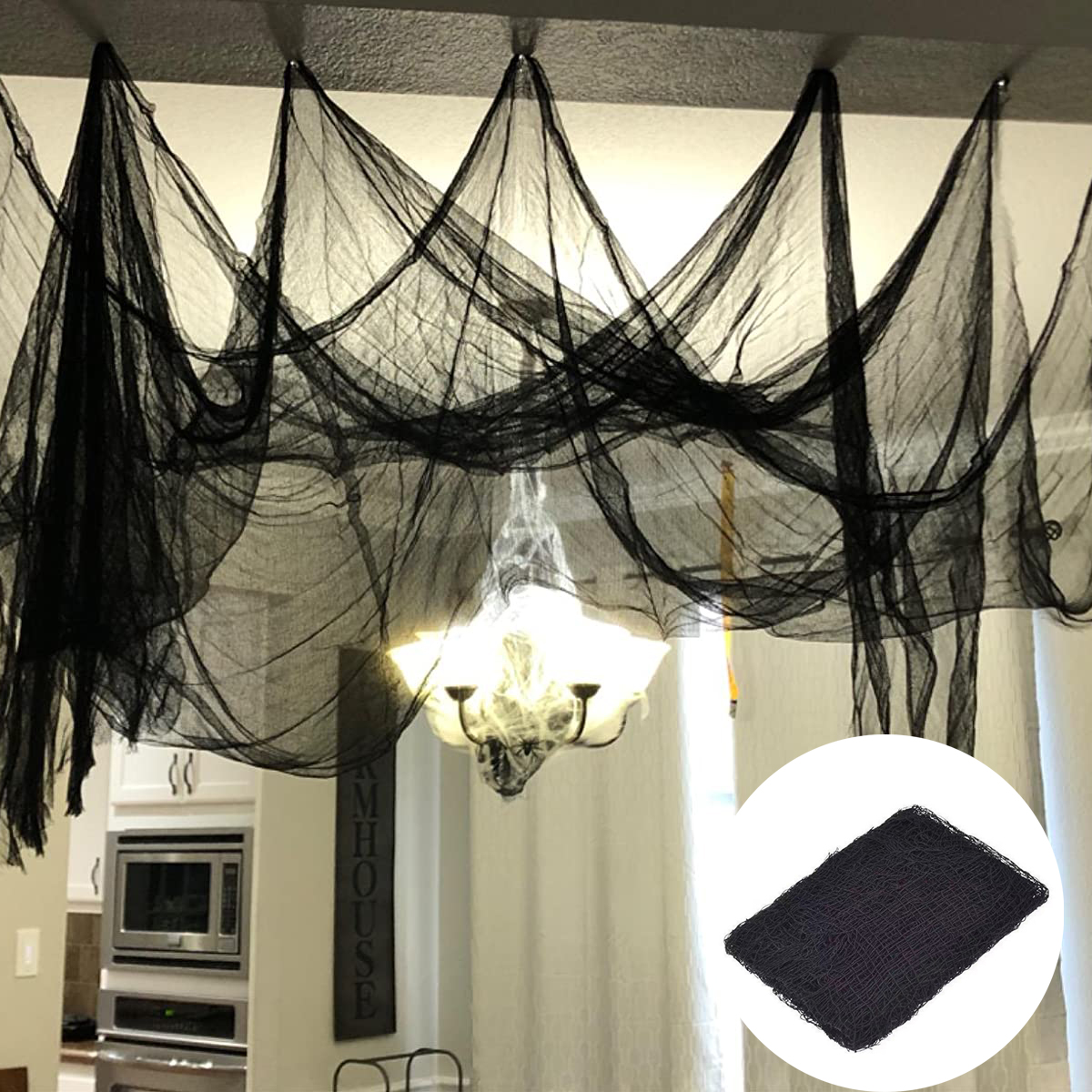 Kain Tenun Halloween Hitam 72X186 Cm Dekorasi Jaring Laba-laba Jaring Hitam Dekorasi Pesta Rumah Horor Halloween