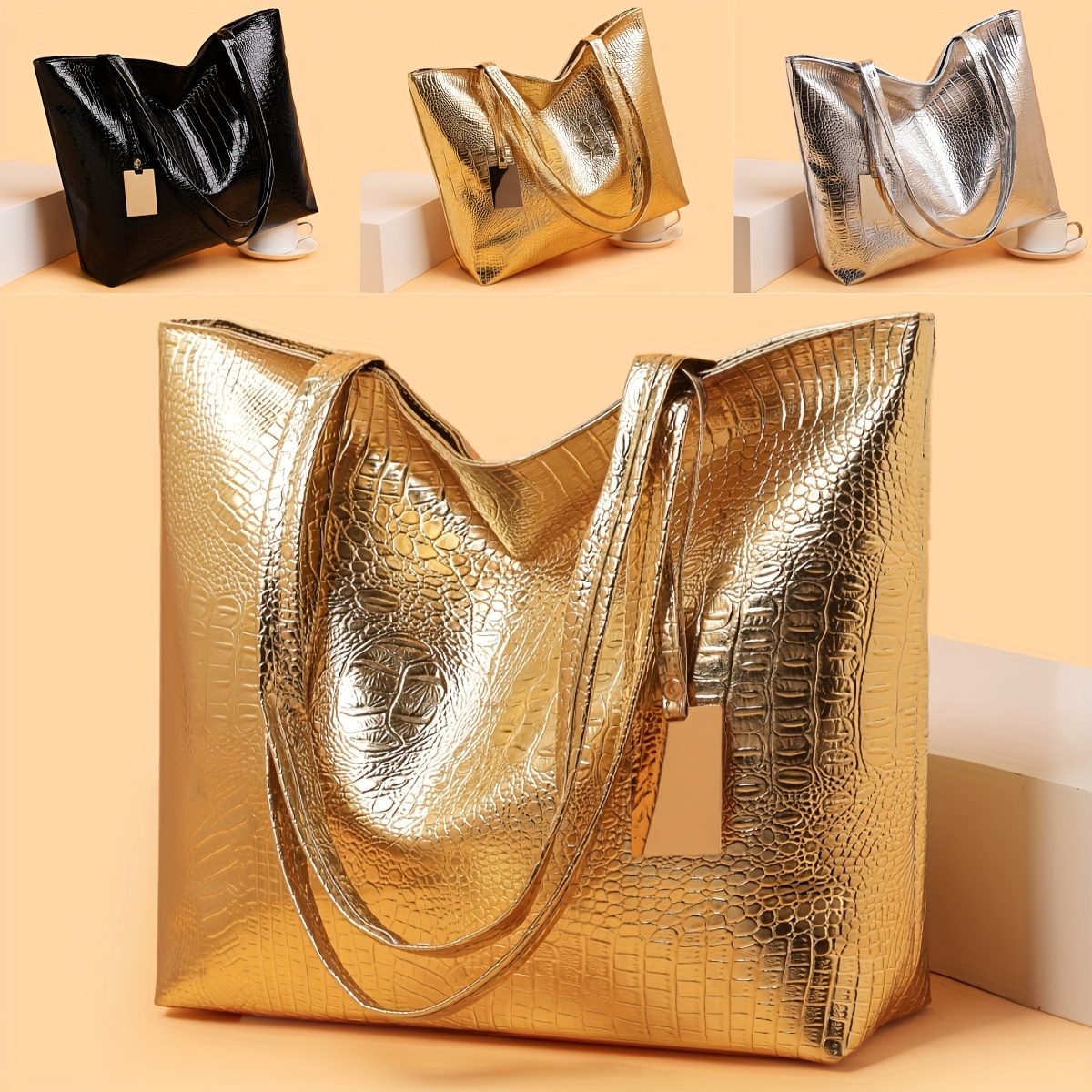 Borsa tote da donna vintage, borsa a tracolla di grande capacità con chiusura a cerniera, borse con finitura metallizzata per lavoro, feste