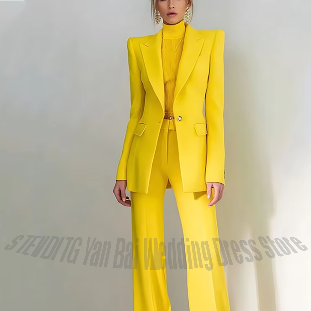 Traje de pantalón para mujer, conjunto de 2 piezas, chaqueta Formal de trabajo de negocios para oficina, pantalón elegante con un botón, traje elegante con solapa en pico amarillo