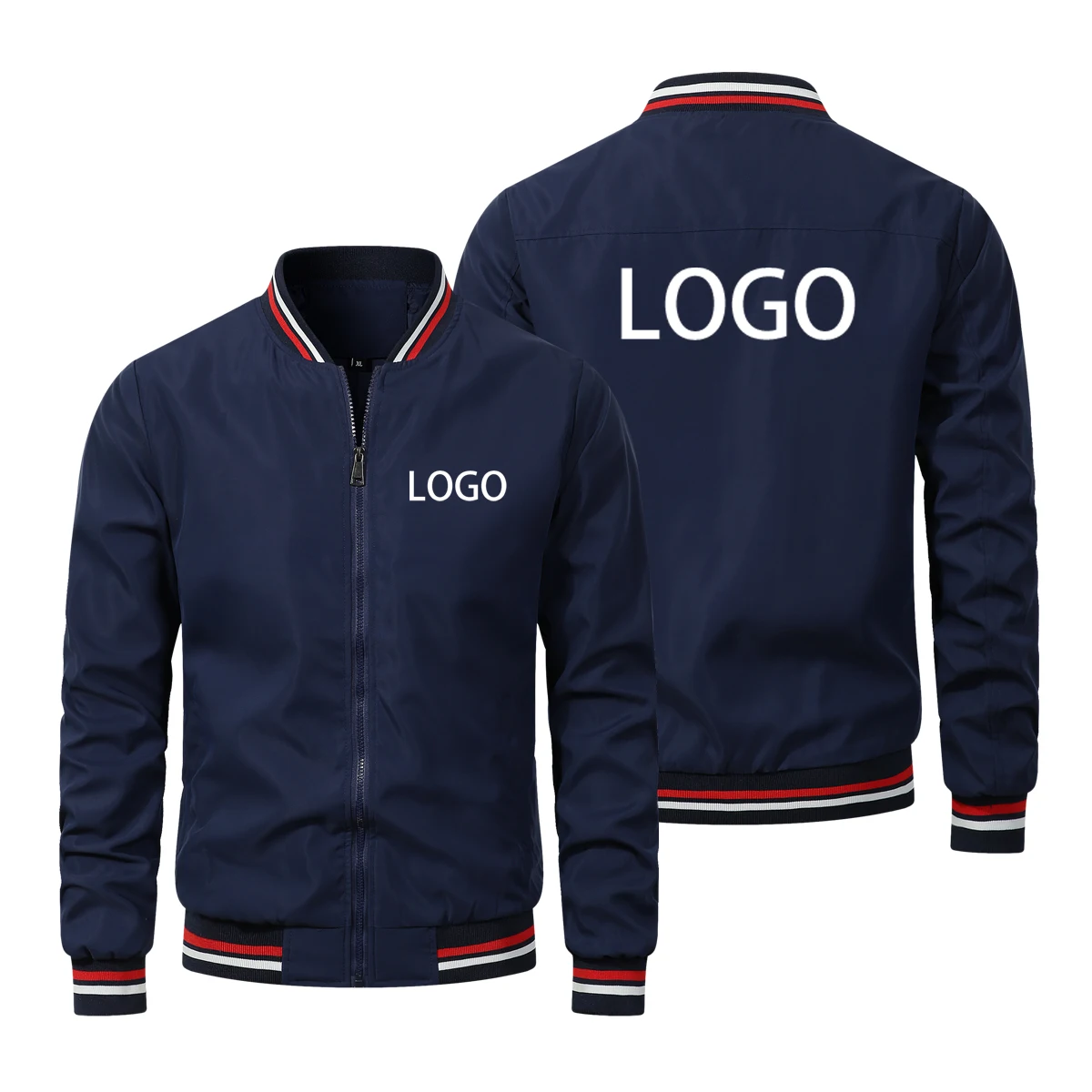 Jaket ritsleting Logo kustom pria, jaket MOTO pria luar ruangan kasual mode warna polos bercetak tahan angin musim semi dan gugur