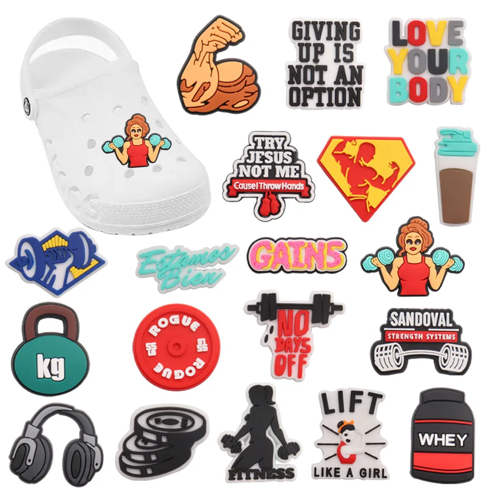 1-19Pcs Fitness Muscles Dumbbells Body Sandals Buckle Decorations Sports Garden Shoe Charms Fit Man Woman Holiday Gift