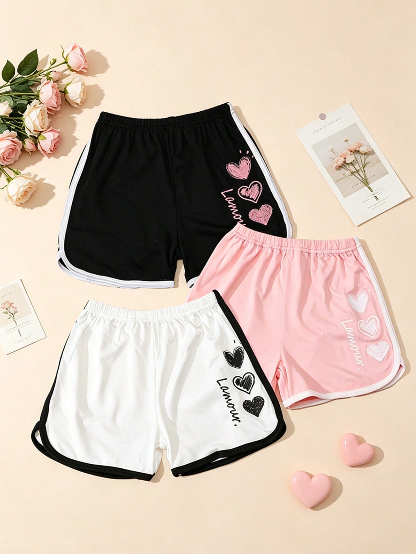 Shorts infantis para meninas de 2 a 11 anos, 3 peças/lote, estampa de coração, poliéster, spandex, cintura elástica, shorts casuais para uso diário, esportes e praia