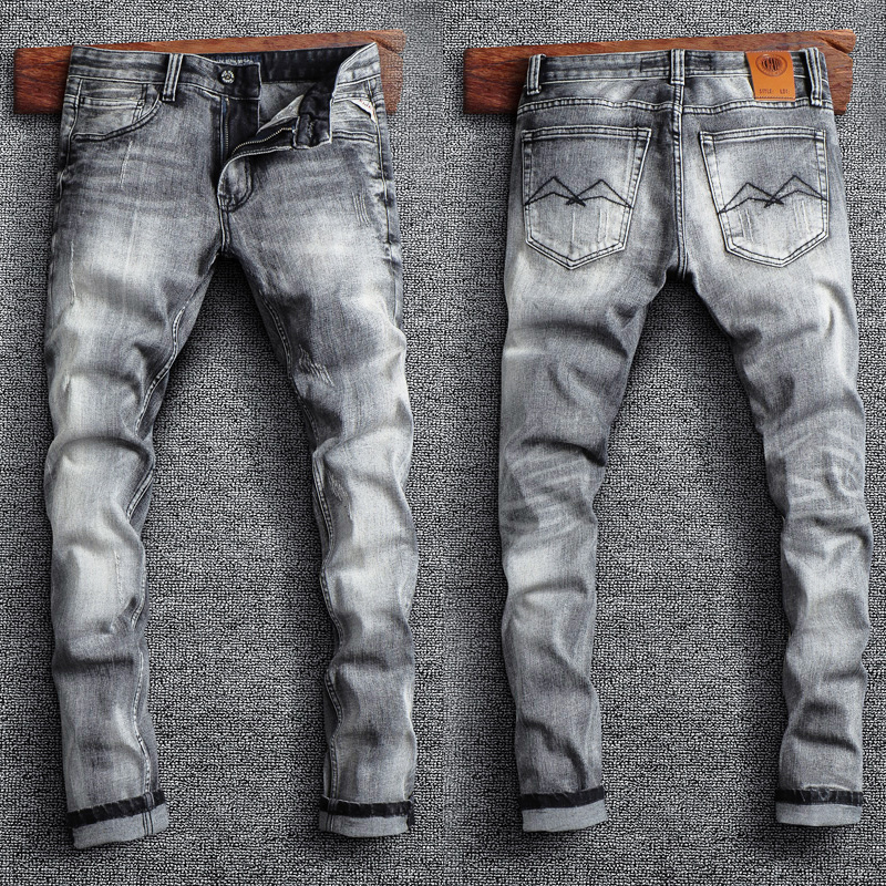 Calça jeans rasgada com elástico slim fit masculina, moda streetwear cinza retrô, calça jeans casual, moda vintage
