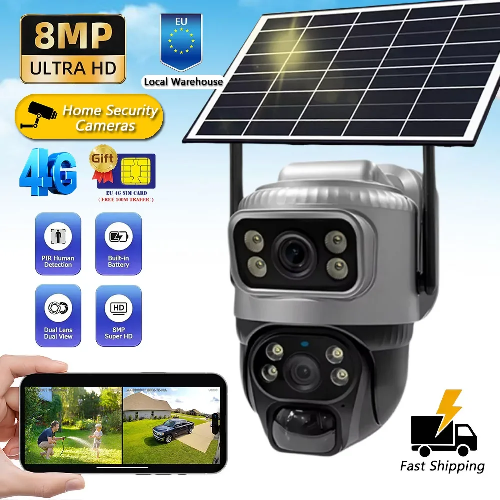 V380 4G Mit SIM-Kamera Solar HD 2 Linsen 2 Bildschirme 10-fach Zoom PIR Menschenerkennung Kameras Nachtsicht Außen-CCTV-Sicherheitsschutz