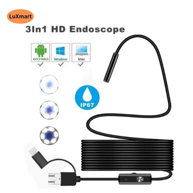 Cámara boroscópica de inspección de tuberías de coche, endoscopio 3 en 1 de 5,5mm /7mm, USB, Flexible, con 6 luces LED, compatible con teléfono Android tipo C, PC
