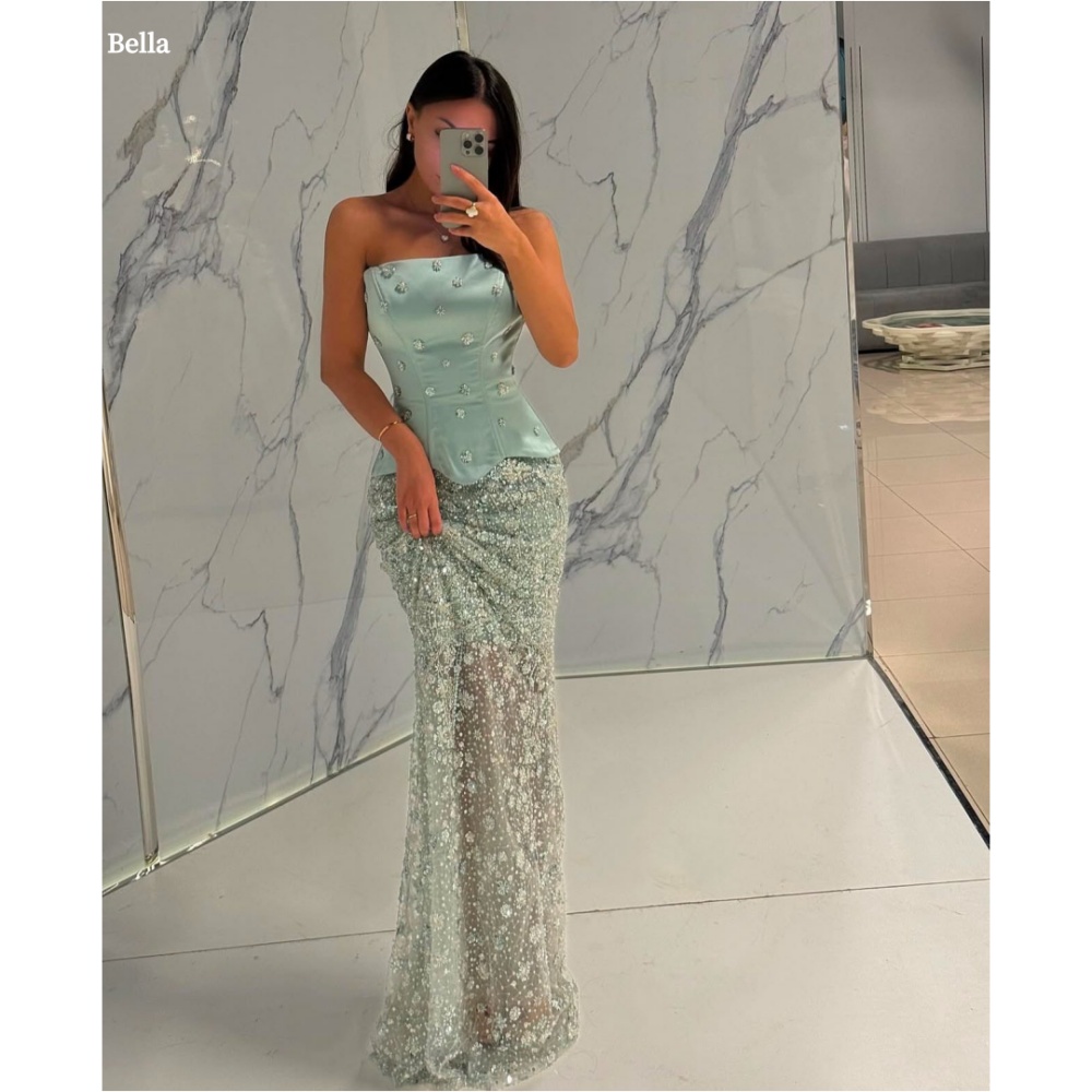 Bella personalizar verde frisado sereia robes de soirée sem alças sem mangas vestidos de baile até o chão pérolas vestido de casamento 2025