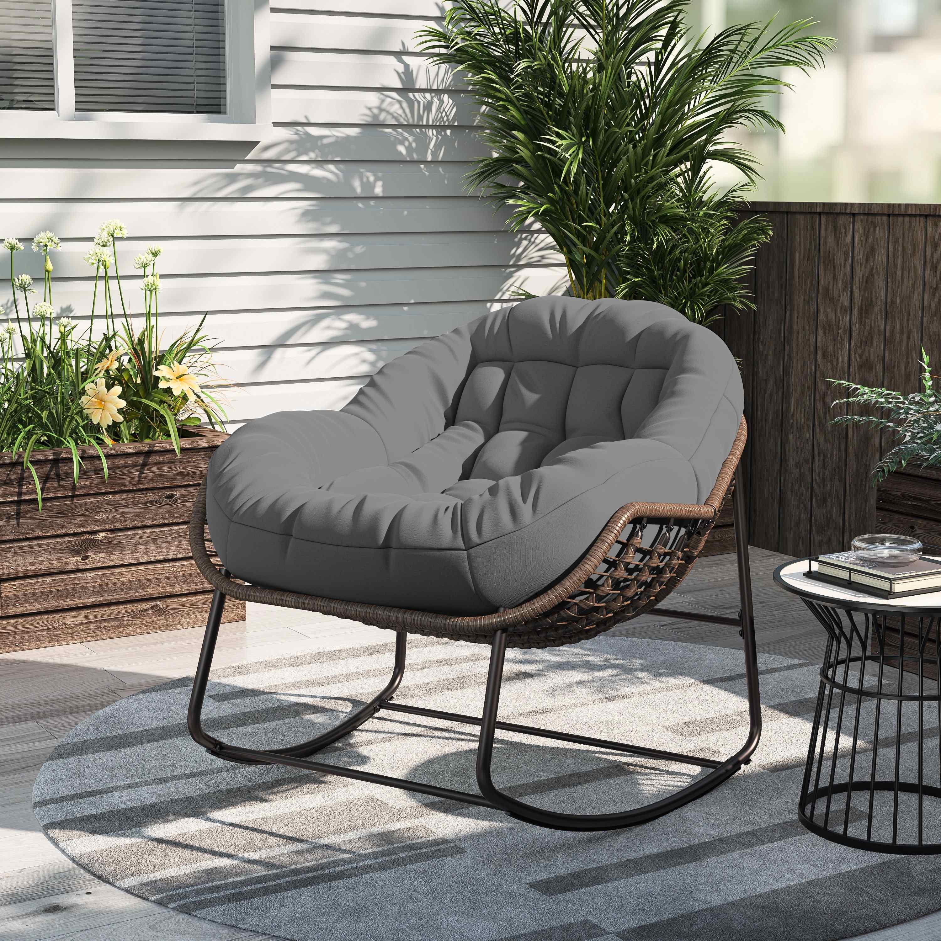 Rattan-Schaukelstuhl für den Außenbereich, gepolsterter Kissen-Schaukelstuhl für den Außenbereich, für Veranda, Wohnzimmer, Terrasse, Garten