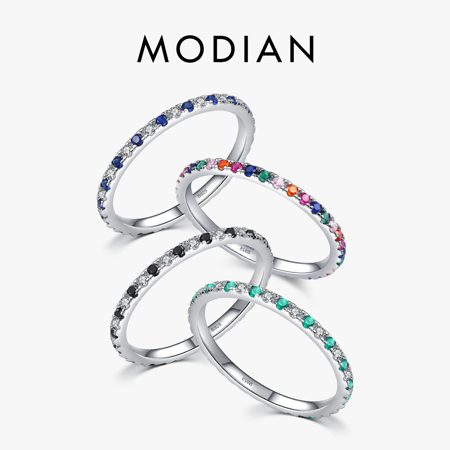 Modian Rainbow CZ Pierścionki na palec dla kobiet Możliwość układania w stosy Smukła 4-kolorowa obrączka zaręczynowa 925 Sterling Silver Fine Jewelry 2021