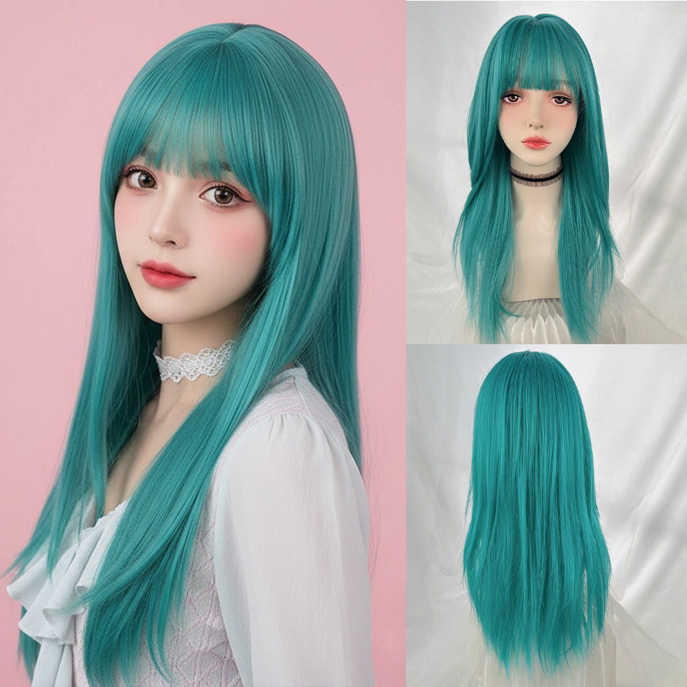 Perruque de Cosplay synthétique longue et lisse, bleu-vert, avec frange, faux cheveux résistants à la chaleur pour femmes, fête quotidienne Lolita
