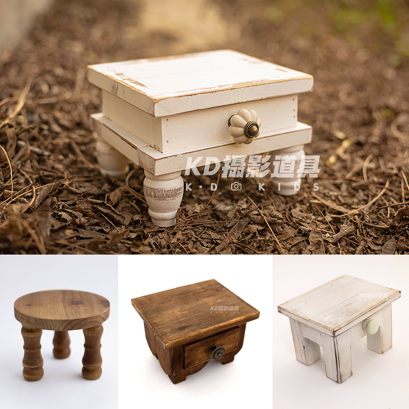Accesorios de mesa de fotografía recién nacido, Mini mesa de té Retro de madera, taburete redondo, decoración de sesión de fotos de bebé de luna llena, accesorios de estudio