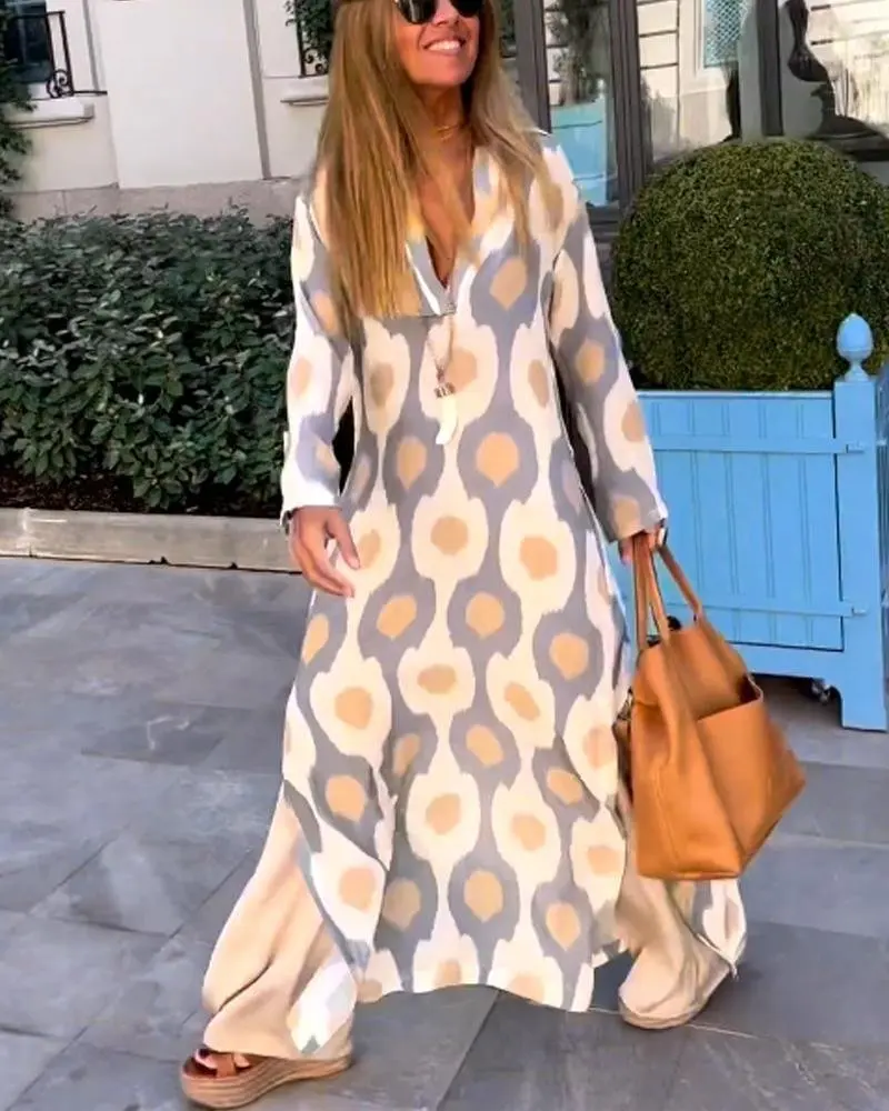 Vestido largo con estampado geométrico para mujer, prenda informal de manga larga con cuello de pico, estilo bohemio, ideal para vacaciones y playa, 2023