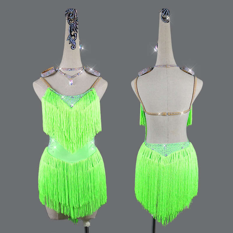 Vestido de baile latino, falda con flecos y tirantes, ropa de competición de diamantes, ropa de actuación profesional personalizada de alta gama para adultos y niños