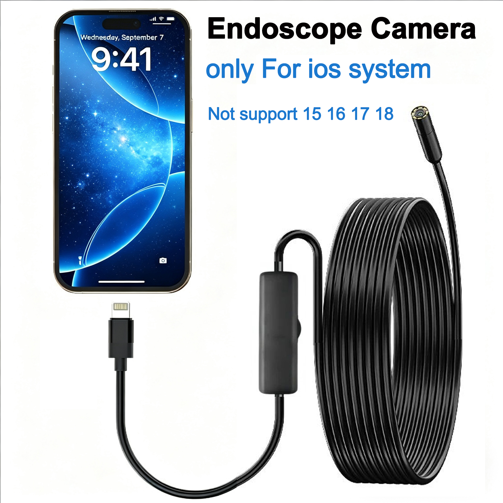 Endoskopkamera, Inspektionskamera mit 8 LED-Leuchten, 8 mm Durchmesser, für iOS-Systeme