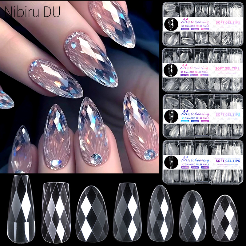 140/120 Stück 3D rautenförmige Flase-Nagelverlängerungen, glänzende Mandel zum Aufdrücken der Nägel, vollständige Abdeckung, weiche Gel-Spitzen, Maniküre-Zubehör