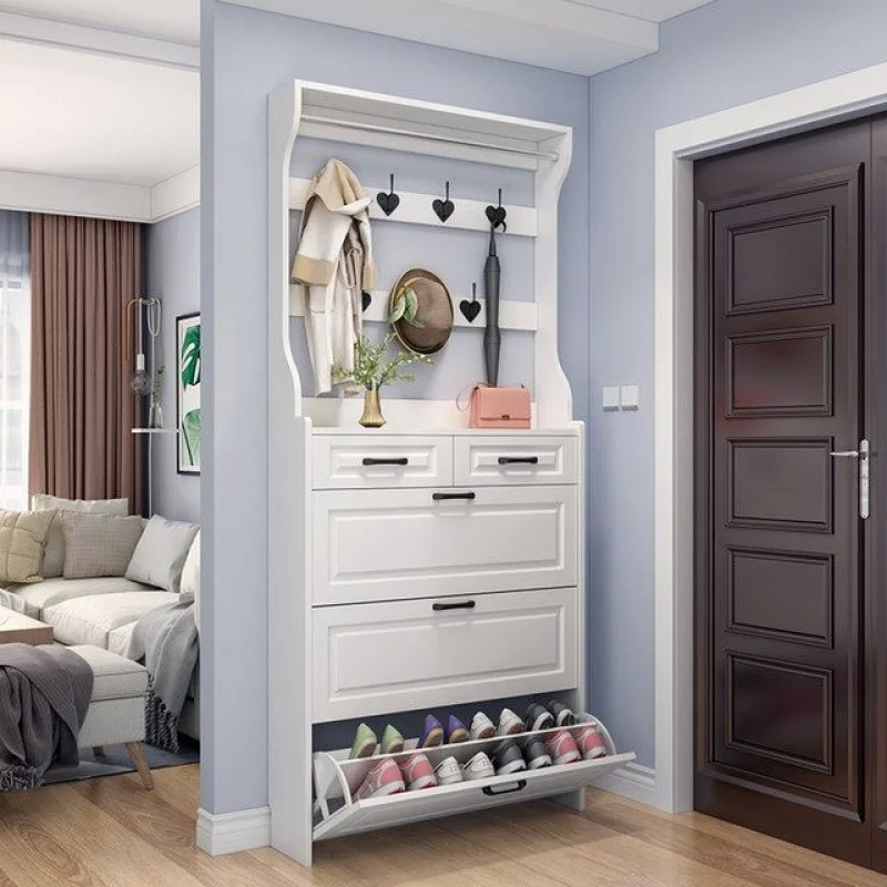 Ultra-Dunne Schoenenkast, Wit Met Hanger Aan De Deur Van Het Huis, Kantelende Emmerschoenenkast Met Lade, Grote Capaciteit, Spa
