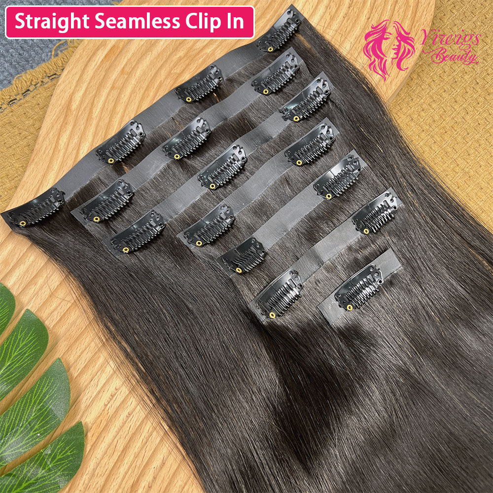 Extensions per capelli invisibili senza cuciture 15A in PU con clip, capelli umani naturali neri lisci, 100% capelli umani vergini grezzi, 100g, 7 pezzi/set