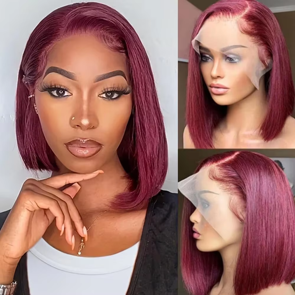 Burgundy HD Transparent Short Bob Human Hair Wigs 99J Red Brazilian Straight 13x4 Lace Front Wig For Women Pre Plucked 8-14