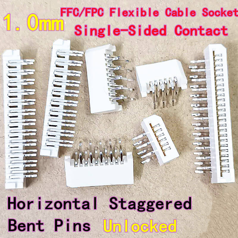 10 Uds. De contacto de un solo lado con paso de 1,0mm, montaje Horizontal, pines doblados escalonados, enchufe de Cable Flexible FFC/FPC desbloqueado, enchufe en ángulo