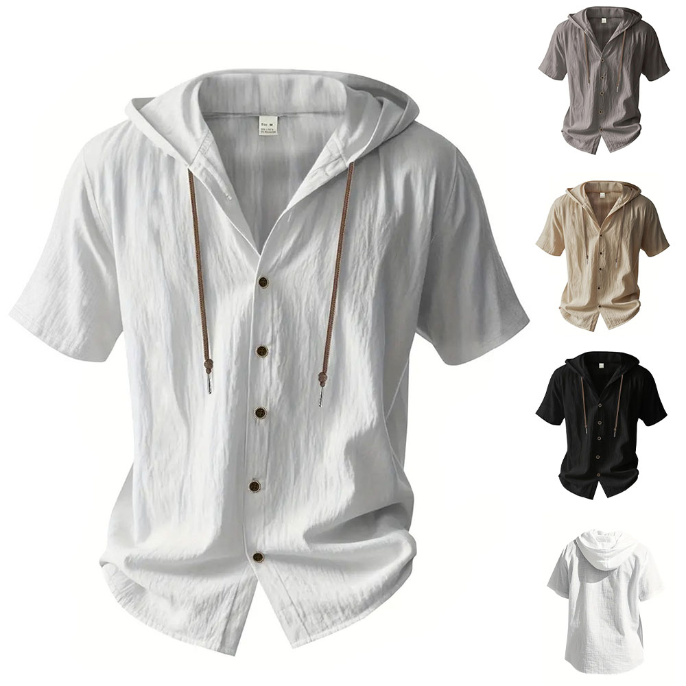 Camisa de Algodão e Linho para Homens com Capuz, Manga Curta, Cor Sólida, Respirável, Leve, Design com Cordão, Camisetas Casuais Básicas
